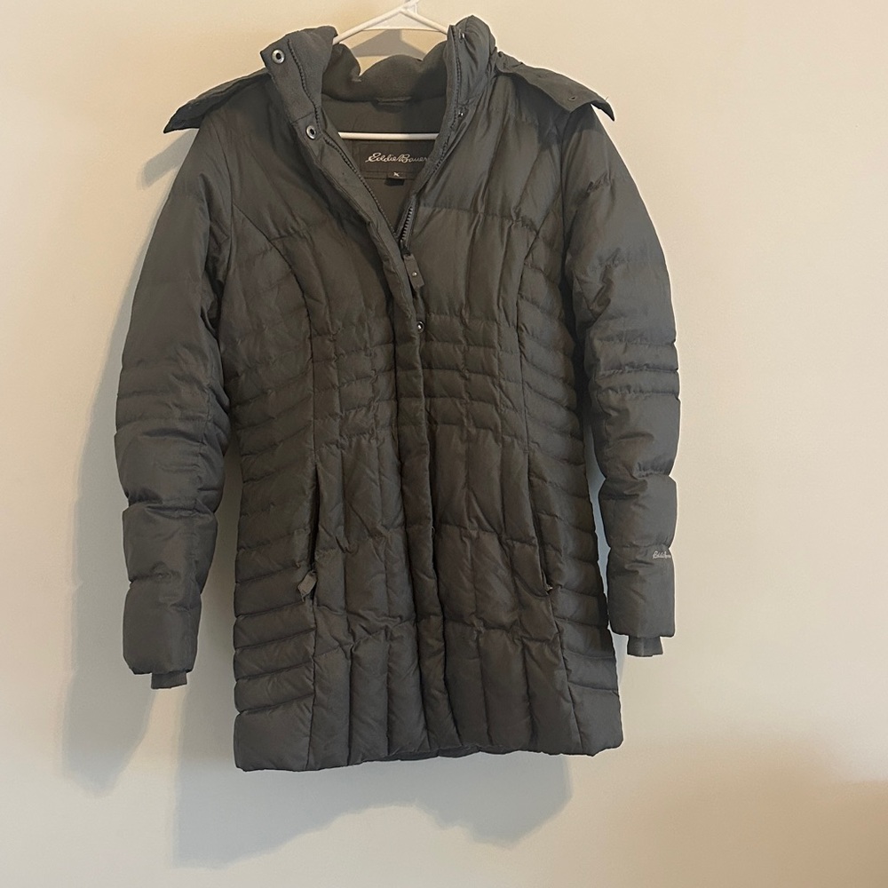 Eddie Bauer Women's Dark Gray Quilted Puffer Coat with Hood